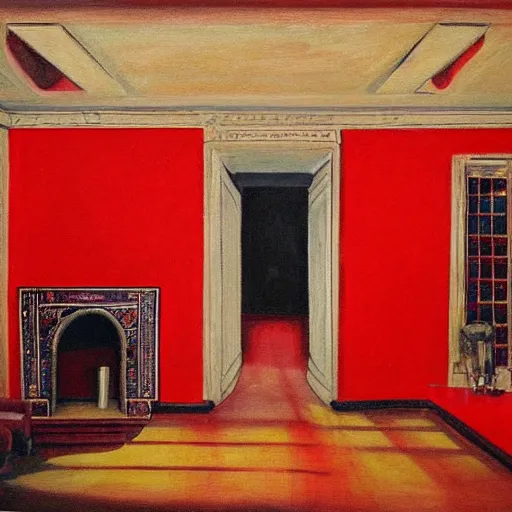 Prompt: painting of a red room with collosal archway opening up to the stars the silohette of a man can barely be seen by the dim light of the chandelier, a red sofa sits along the red staircase which leads straight up to a smaller human-sized door