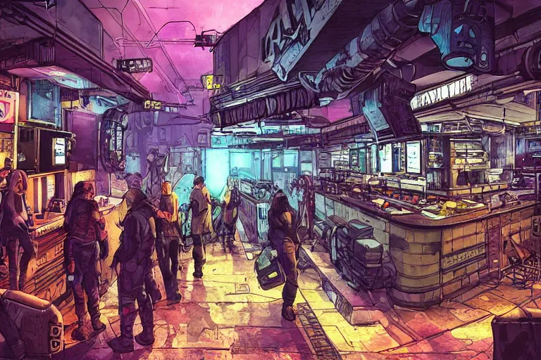 Prompt: detailed ultra - realistic graphic novel illustration of shadowrun cyberpunk postapocalyptic desolate industrial bar inspired by famous artstation painters, violet, black, blue vibrant colors