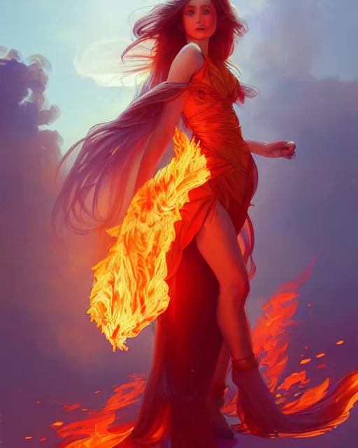 Image similar to beautiful long haired girl, fire dress, full body photo, flames everywhere, highly detailed, digital painting, artstation, concept art, smooth, sharp focus, illustration, art by artgerm and greg rutkowski and alphonse mucha