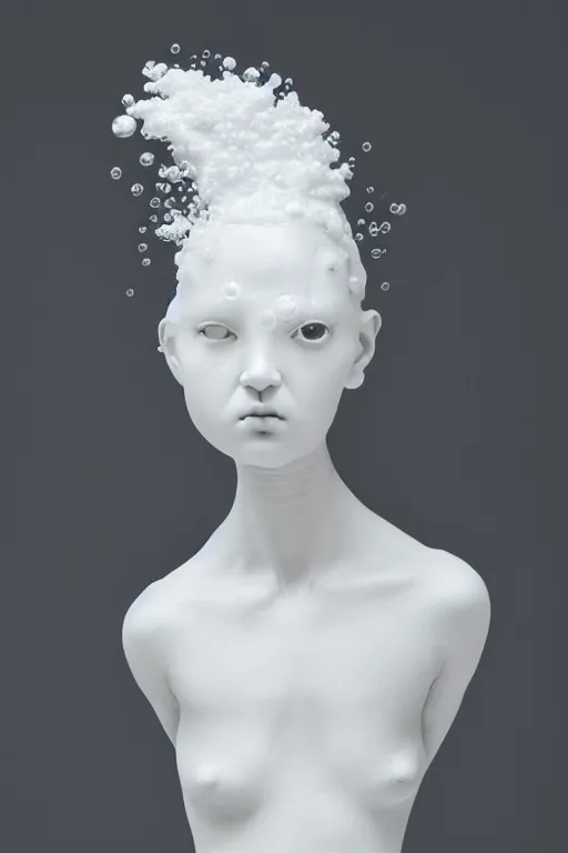 Image similar to full head and shoulders, beautiful female white, porcelain sculpture, with huge perspex bubbles attached to head, by daniel arsham and james jean, on a white background, delicate facial features, white eyes, white lashes