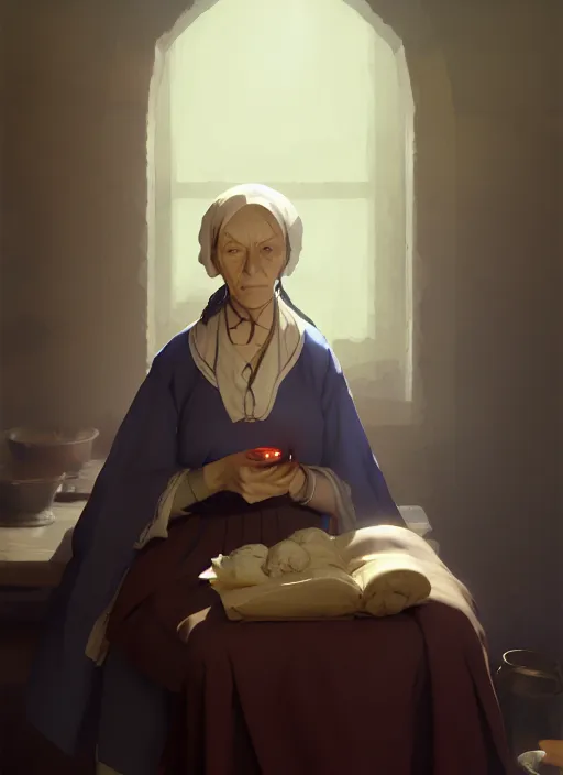 Prompt: old florence nightingale holding an oil lamp in a crimean war hospital 1 8 5 5, low light, trending on pixiv fanbox, painted by greg rutkowski makoto shinkai takashi takeuchi studio ghibli