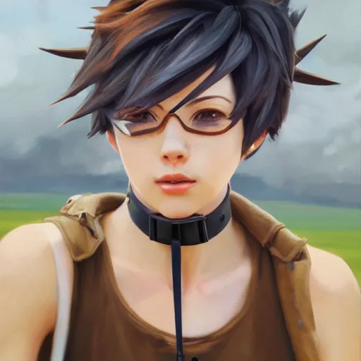 Image similar to oil painting of tracer overwatch in a field wearing thick spiked collar around neck, in style of greg rutkowski, expressive face, wearing choker, large steel collar, steel choker, wearing collar on neck, detailed face, detailed eyes, full body, feminine face, tracer overwatch,