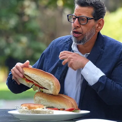 Image similar to fat Jeff Goldblum eating a sandwich