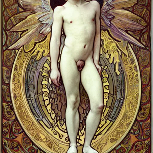 Prompt: ultra realistic illustration of young winged boy angel, full body, male body, elegant study, art nouveau poster by alphonse mucha