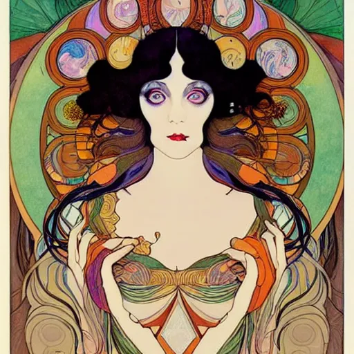 Image similar to The Goddess of Life and Creation, beautiful eyes, symmetrical face, paint, ink, palettes, spectrum, in the style of Joshua Middleton, Mucha, Kandinsky