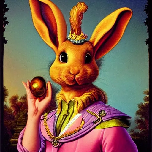 Prompt: baroque rococo pastel anthromorphic male rabbit prince vintage meyercord Greg Hildebrandt Lisa frank portrait