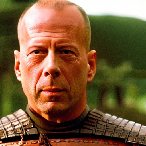 Prompt: Bruce Willis as samurai , film still,