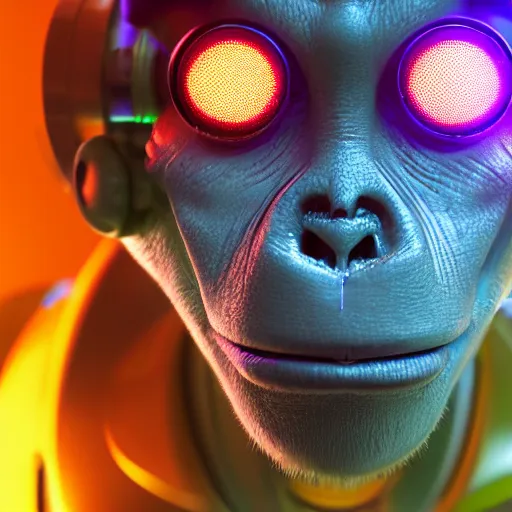 Image similar to a cyborg monkey, sci-fi, cyborg, close-up, cybernetic implant, neon, cyberpunk, center frame portrait, 8k, concept art, octane render