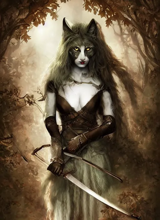 Image similar to medieval female warrior, green eyes, dark forbidden forest, wolves, white cat, by Lecouffe-Deharme, by Natalie Shau