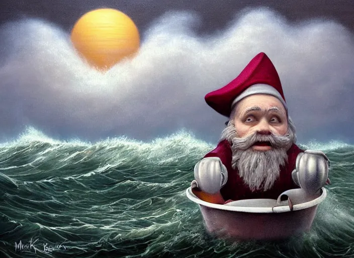 Image similar to a terrified garden gnome sailing in a bucket, background of raging ocean on a stormy day with dramatic clouds, an ultrafine detailed painting by mark ryden, trending on deviantart, pop surrealism, whimsical, lowbrow, rainy, perfect symmetrical face