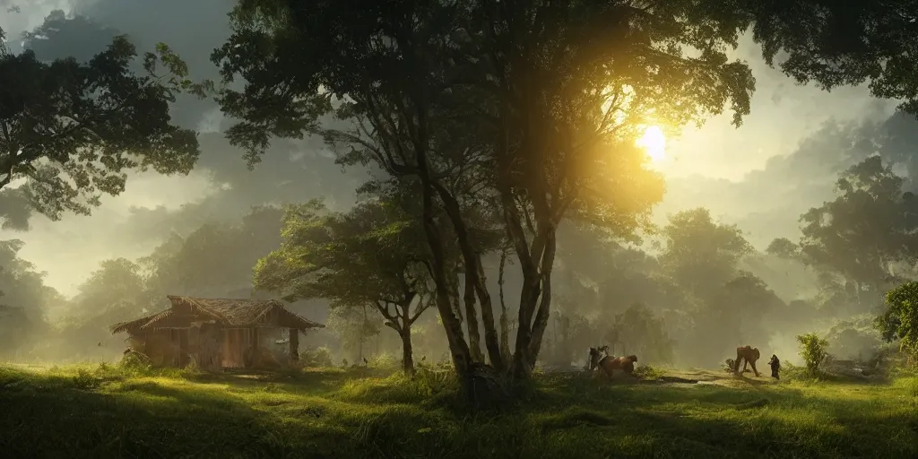 Image similar to kerala village countryside, beautiful dynamic lighting, cinematic, wide angle establishing shot, extremely high detail, photo realistic, cinematic lighting, post processed, concept art, artstation, matte painting, style by eddie mendoza, raphael lacoste, alex ross, volumetric lighting, light rays, photorealistic, ultrarealistic, moody, coronarender, 8k