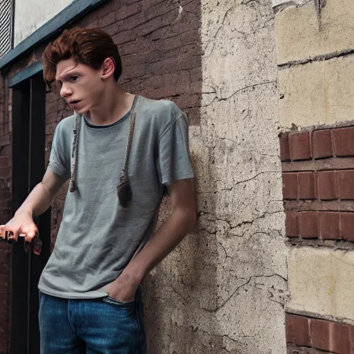 Prompt: tom holland smoking a cigarette outside of an alleyway, cinematic lighting, photorealistic