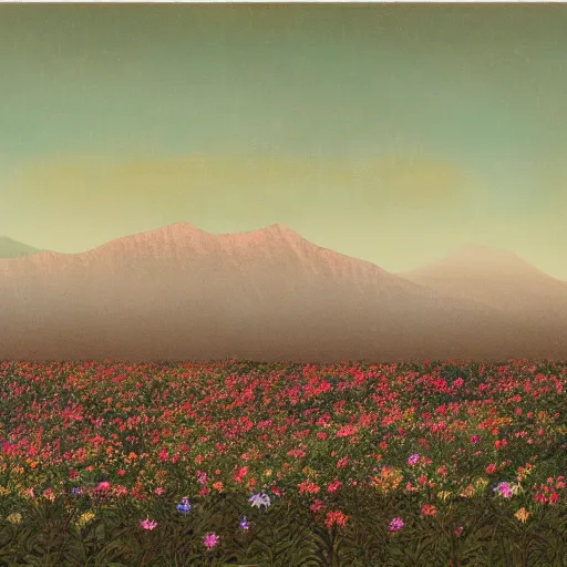 Image similar to In an infinite plain covered with colorful flowers, right in the middle stands a thin and tall dark mountain