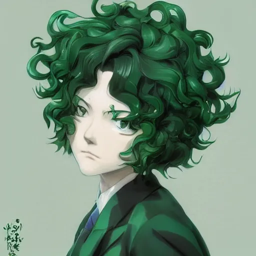 Image similar to detailed portrait art of tatsumaki with green curly hair, art by ross tran ilya kuvshinov krenz cushart, very detailed, intricate, digital anime art, sharp focus