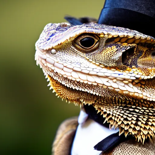 Image similar to dslr portrait still of a bearded dragon wearing a top hat and bow tie, 8 k 8 5 mm f 1. 4