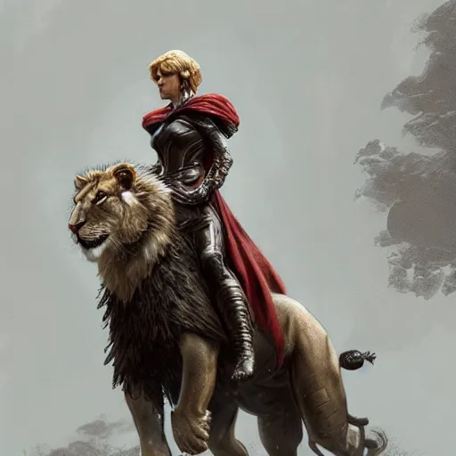 Image similar to full figure ultra realistic illustration, cersei lannister wearing battle armor and riding a lion, intricate, elegant, highly detailed, digital painting, artstation, concept art, smooth, sharp focus, illustration, art by artgerm and greg rutkowski and alphonse mucha