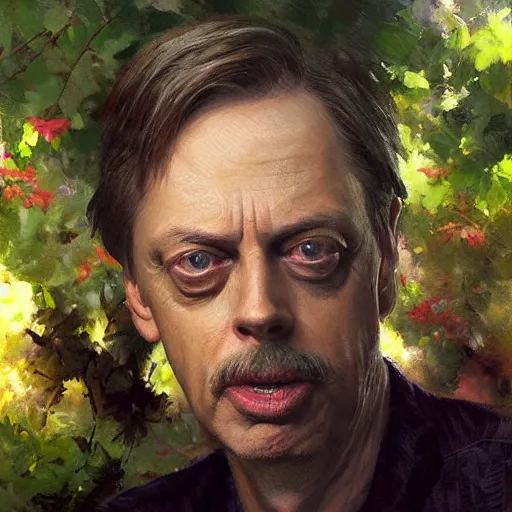 Image similar to steve buscemi sitting in a lovely garden. beautiful painting by raymond swanland, beautiful detailed face.