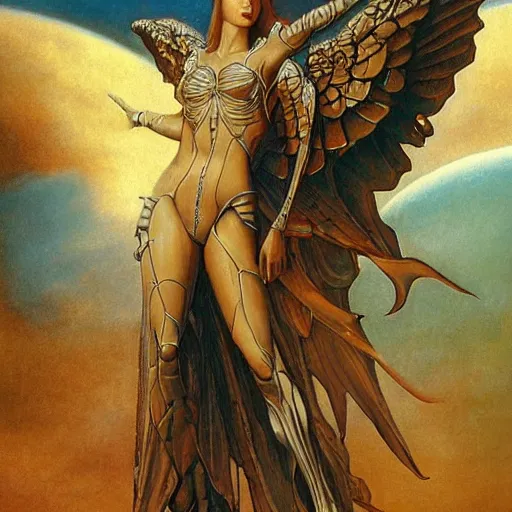 Prompt: a new world with a human depicted as angel standing next to the world by boris vallejo and leonardo davinci, mechanical, computers, highly detailed, planet, fantasy sci - fi background, cyberwings on angels