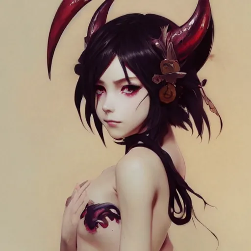 Prompt: a beautiful anime girl wtih demon horns and demon wings,full body painting,by Greg Rutkowski and Ilya Kuvshinov and Alphonse Maria Mucha,super clear detailed,hyper realistic,trending on artstation,4k