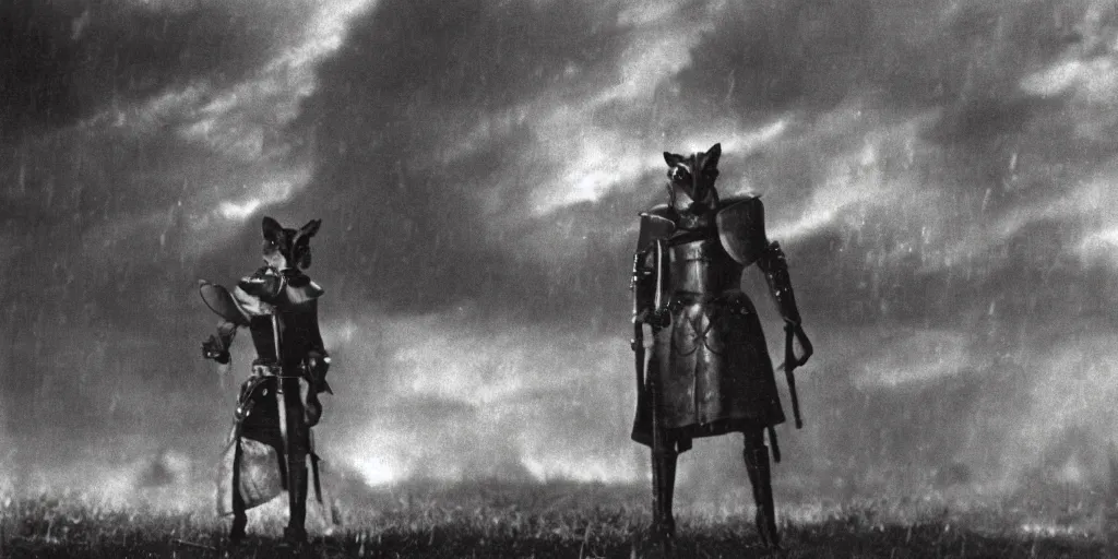 Image similar to anthropomorphic fox who is a medieval knight standing sternly in the middle of a huge thunderstorm 1 9 3 0 s film still, ladislas starevich