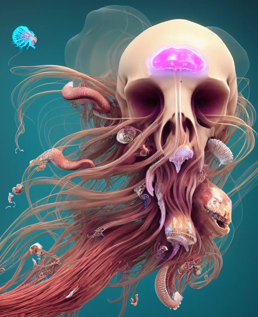 Image similar to goddess princess beautiful face close-up portrait ram skull. jellyfish phoenix head, nautilus, orchid, skull, betta fish, bioluminiscent creatures, intricate artwork by Tooth Wu and wlop and beeple. octane render, trending on artstation, greg rutkowski very coherent symmetrical artwork. cinematic, hyper realism, high detail, octane render, 8k