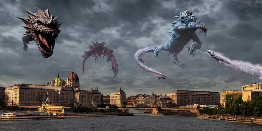 Image similar to kaiju attack in budapest photography realistic, detailed, cinematic