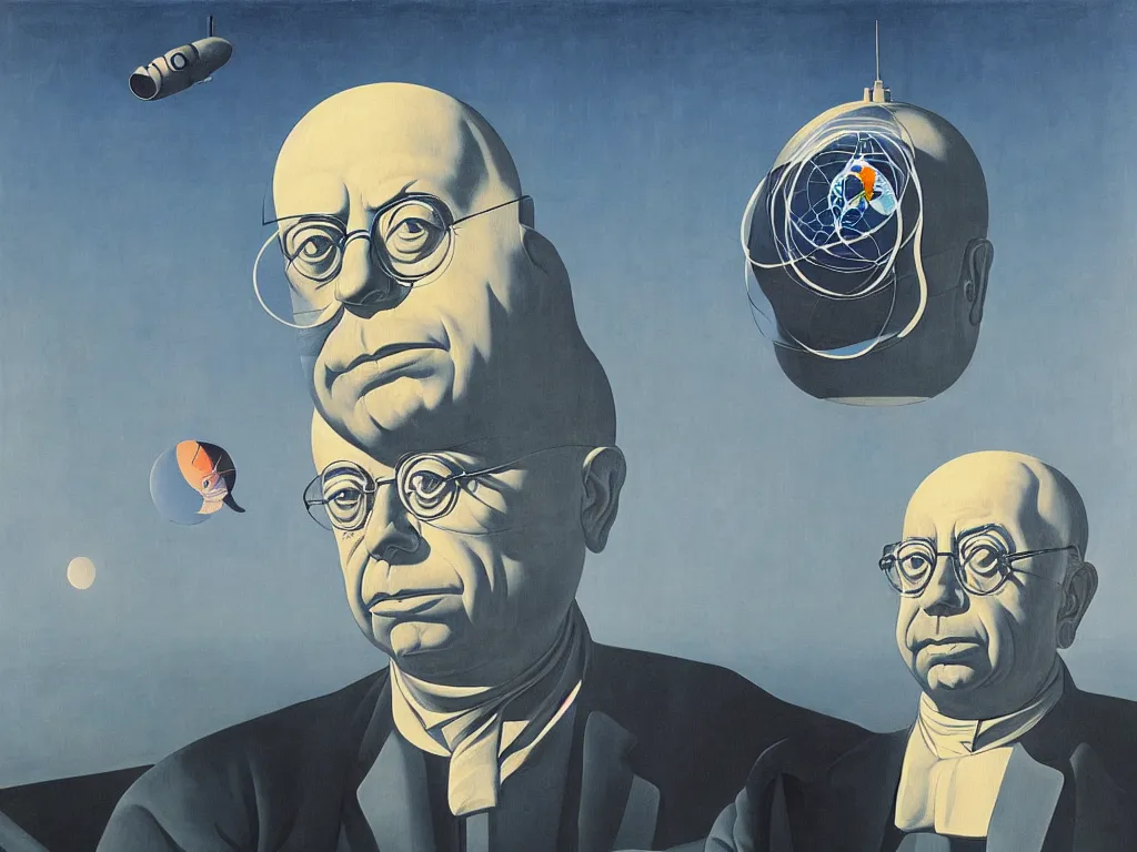 Image similar to the giant head of stanislaw lem is hovering above the futurological congress, painted by james jean and rene magritte