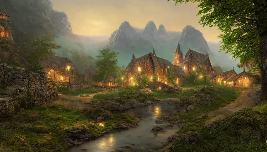 Prompt: Realistic digital painting of uge English village with humongous king's castle built in green mountains at night, hyperdetailed, artstation, cgsociety, 8k