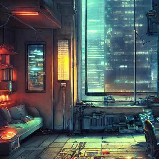 Image similar to the cyberpunk apartment, render, octane, 4k, highly detailed, vivid colors, high definition, by Makoto Shinkai