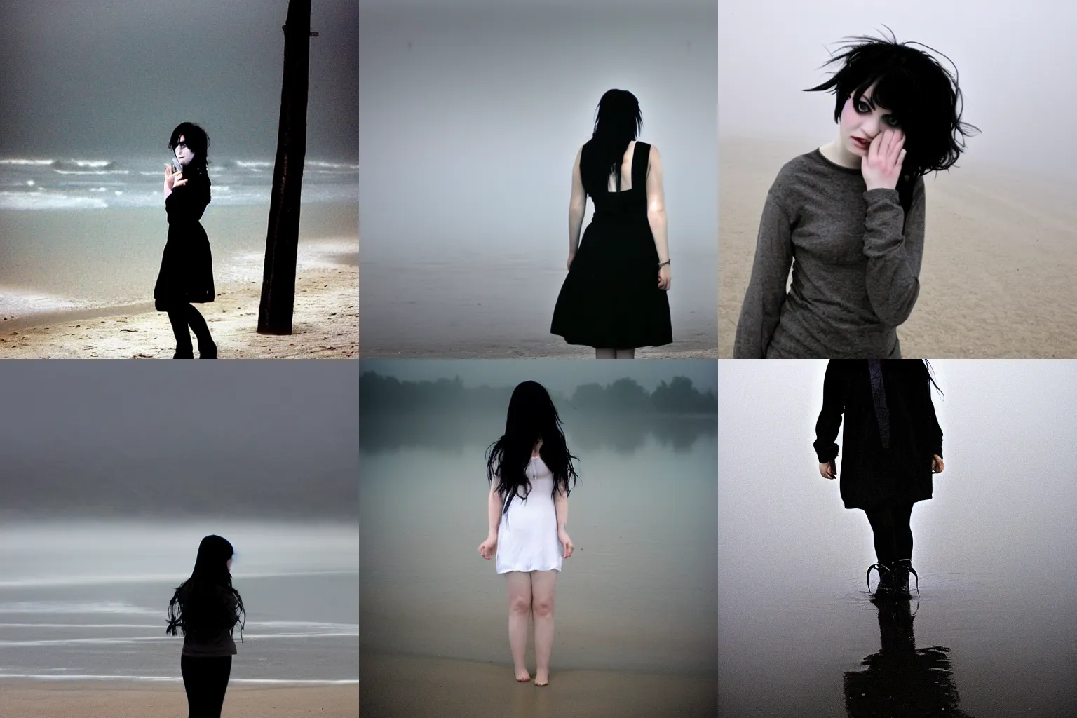 Prompt: a pale emo goth girl, black hair, on the beach on a foggy day, 2006