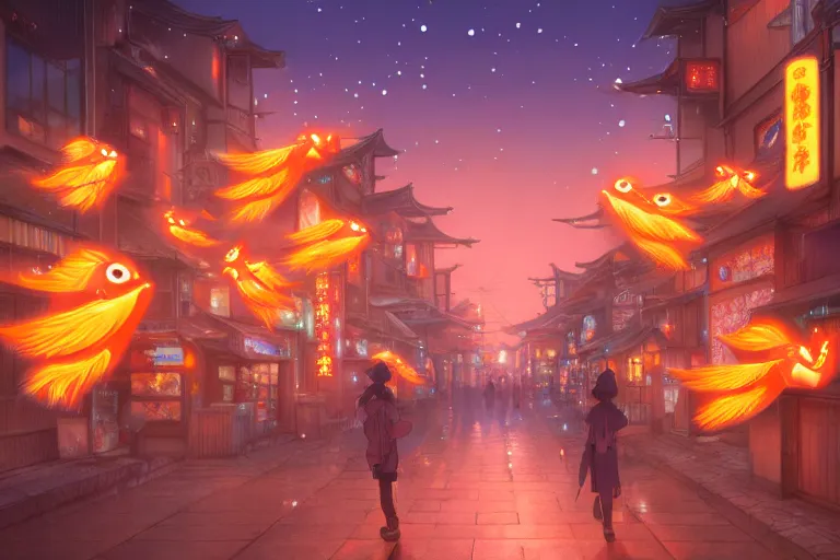 Image similar to fantasy art of glowing goldfish swimming in the air, in the streets of a japanese town at night, with people watching in wonder, by makoto shinkai, highly detailed digital art, trending on artstation