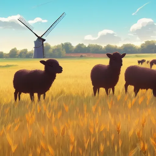 Image similar to a group of black - headed sheeps in a wheat field in front of a windmill by makoto shinkai and lois van baarle, ilya kuvshinov, rossdraws global illumination