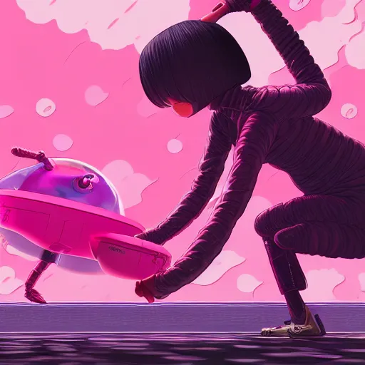 Prompt: a woman named yoshimi battles the pink robots, illustrated, detailed, 4 k