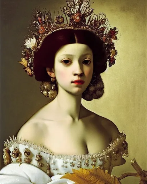 Prompt: baroque hibiscus queen, beauty portrait, intricate background, tiara, detailed oil painting by caravaggio, johannes vermeer, karl spitzweg, alexi zaitsev, elegant, intricate, masterpiece