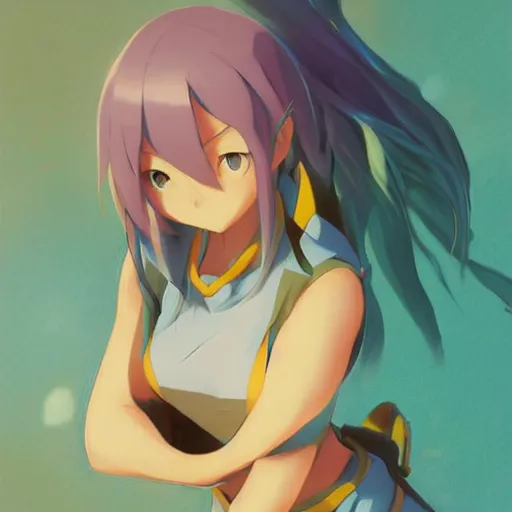 Image similar to aqua from konosuba, painting, cool color palette, refreshing, soft lighting, by hayao myazaki, by wlop