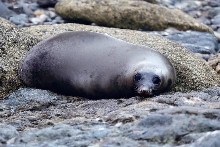 Prompt: adorable baby seal on a rocky beach,