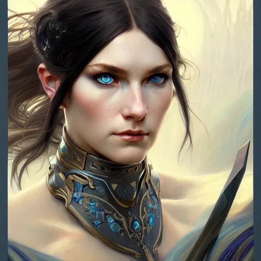 Image similar to Portrait of female warrior, D&D, blue eyes, face, long black hair, fantasy, intricate, elegant, highly detailed, digital painting, artstation, concept art, smooth, sharp focus, illustration, art by artgerm and greg rutkowski and alphonse mucha