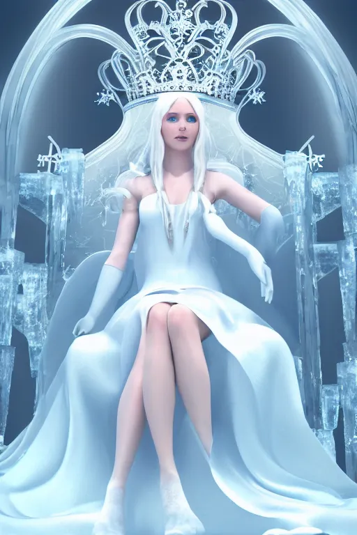 Image similar to Ice Princess, white long hair, sky blue eyes, short white silk dress, white long gloves, feet showing, legs crossed, arms crossed, crown made of ice, sitting on throne, frost, fantasy, elegant, artstation, hard focus, octane render