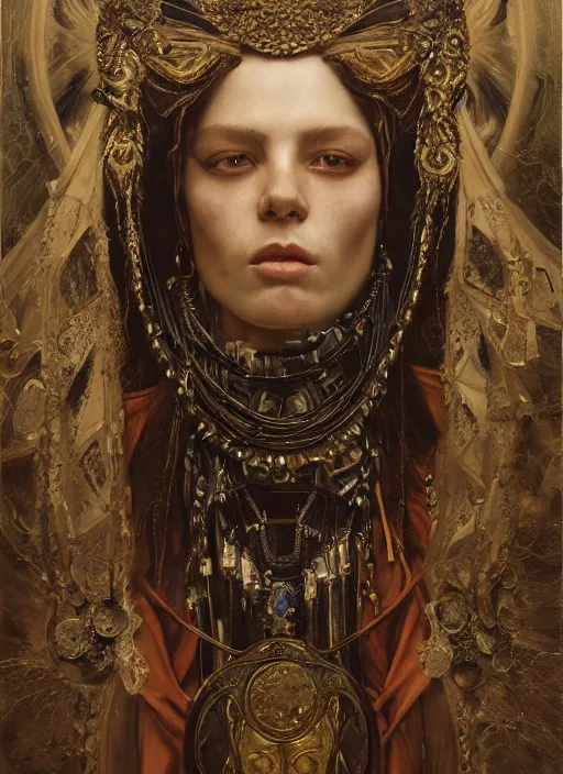 Image similar to highly detailed oil painting | very intricate | cinematic lighting | award - winning | shamanic technician fashion by alexander mcqueen | by roberto ferri, by tom bagshaw, by j. c. leyendecker and klimt, american romanticism, by austin osman spare, artstation, cgsociety, official art, octane