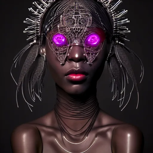 Image similar to portrait of an absurdly beautiful, graceful, sophisticated, fashionable black cyberpunk mechanoid gravure idol, hyperdetailed illustration by irakli nadar, adut akech, matt wisniewski style, intricate linework, dark black porcelain skin, jellyfish headdress, unreal engine 5 highly rendered, global illumination, red light, detailed and intricate environment