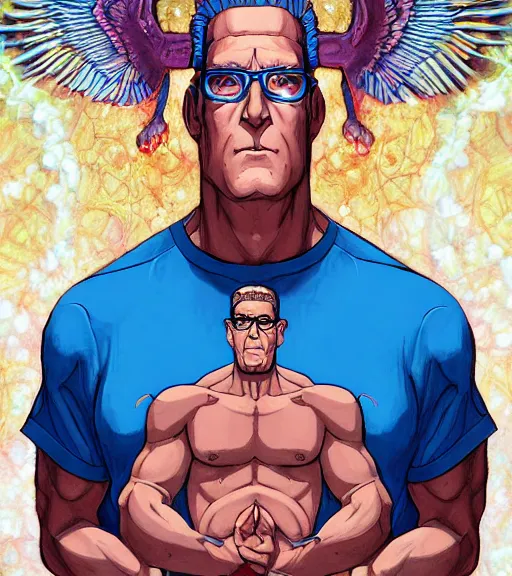 Image similar to symmetry, hank hill wearing a white tshirt, the god of propane, blue fire, art by mike judge, art by josephine wall, art by huang guangjian, art by viktoria gavrilenko, art by amanda sage, dramatic lighting, trending on artstation