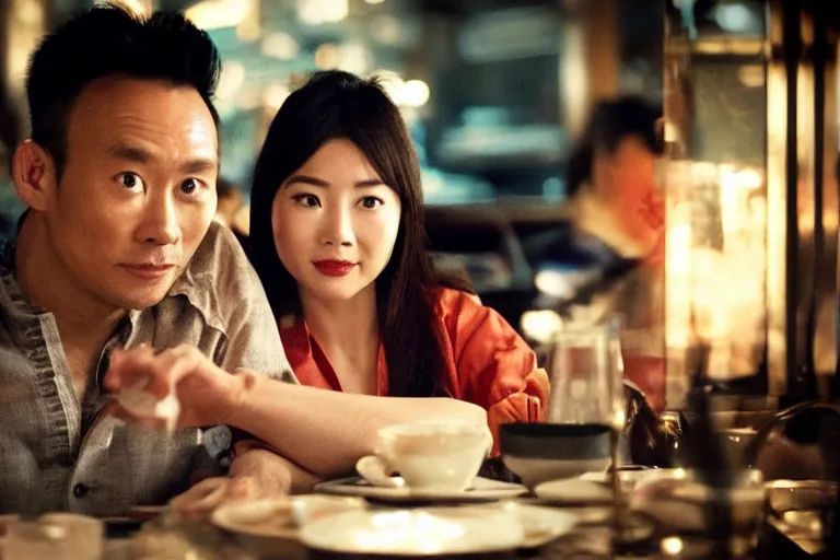 Image similar to VFX movie interior closeup beautiful Asian couple closeup sitting at 50s diner, night in the city, by Emmanuel Lubezki