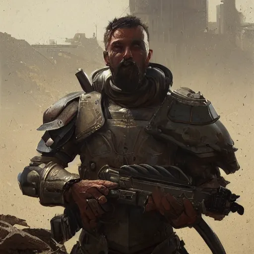 Prompt: a portrait of an man wearing scrap armor and holding an assault rifle, Matte painting , detailed painting, greg rutkowski