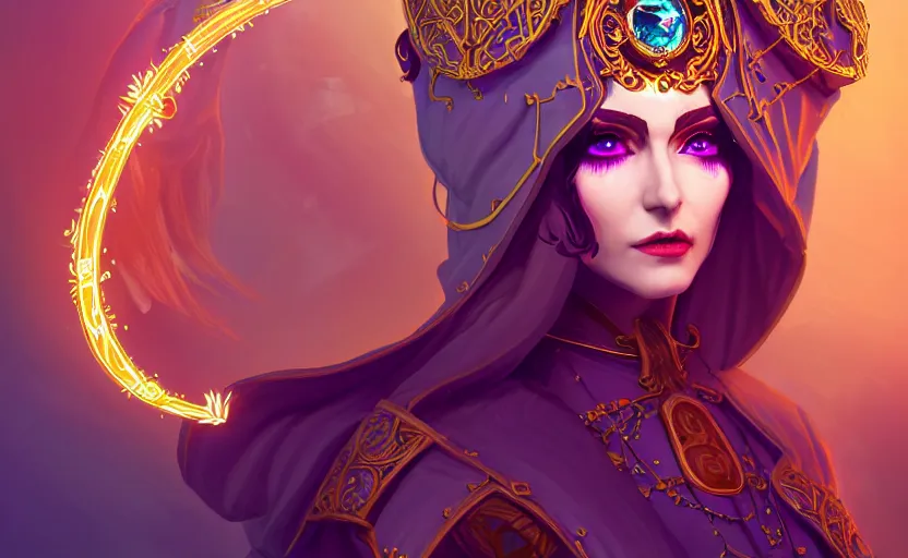 Prompt: a stylised 3 d portrait of a beautful sorceress wearing an ornate circlet and hooded robe creating a new spell in an ancient futuristic sanctuary, stylised 3 d art, overwatch style, amazing compostition, dark fantasy