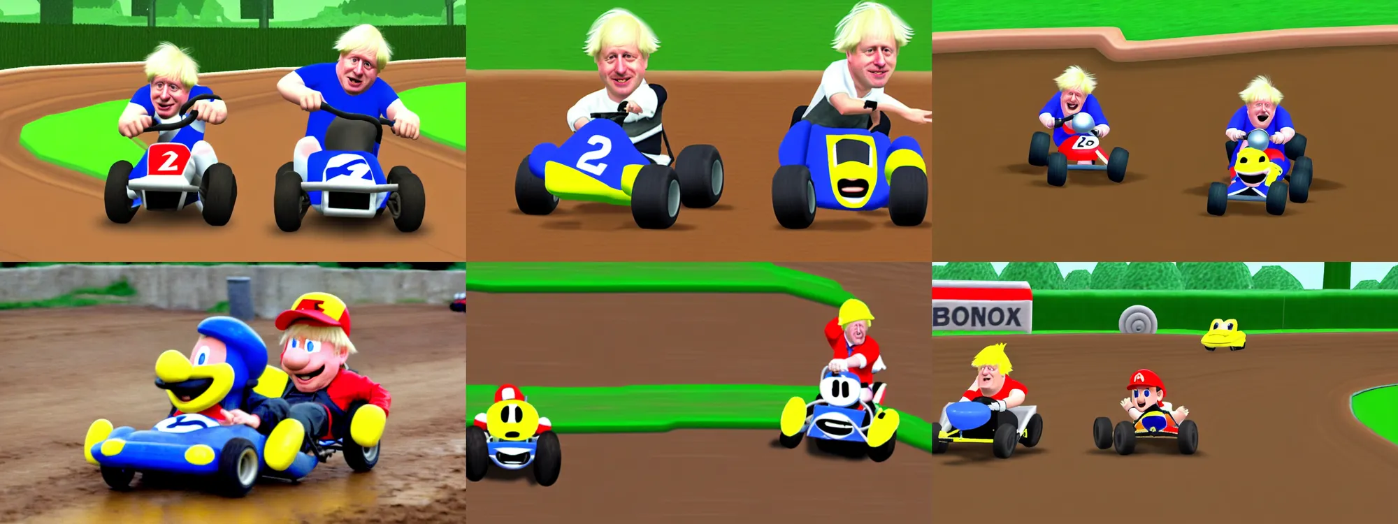 Prompt: Boris Johnson as a character in kart double dash. Dirt track, rainy day. Nintendo64