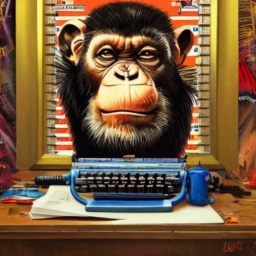 Prompt: painting of a chimp with donald trump hair typing on a typewriter, illustration, artistic, colorful, hyper detailed, in the style of Greg Rutkowski