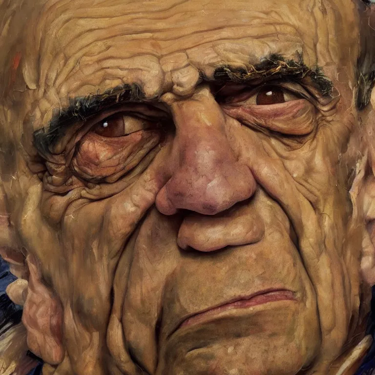 Prompt: warmly lit close up studio portrait of aging old Abe Vigoda age 115 wrinkled sad, impasto oil painting thick brushstrokes by Lucian Freud and Cy Twombly and Tim Hawkinson , trending on artstation dramatic lighting Expressionism