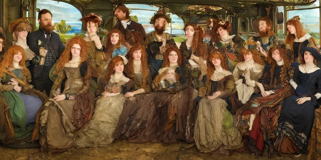 Image similar to detailed colour preraphaelite photograph group portrait of amazingly cool characterful people sat down extreme closeup, in the inside of the beautiful underwater train to atlantis, every face lifelike expressions, crowds of people sat down wearing unusual clothes, by william powell frith, 4 k