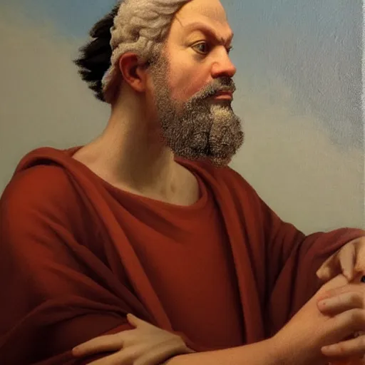 Prompt: socrates wearing a virtual reality headset, VIRTUAL REALITY HEADSET!!!!!!!!!!!!!, oil painting
