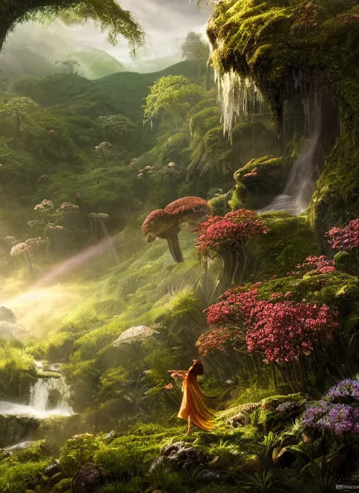 Image similar to an elegant fairy flying in the distance, in the lord of the rings scenery landscape, vast lush valley flowers and mushroom structures, stream, sunrise, god's rays highly detailed, vivid color, cinematic lighting, perfect composition, 8 k, gustave dore, derek zabrocki, greg rutkowski, belsinski, octane render